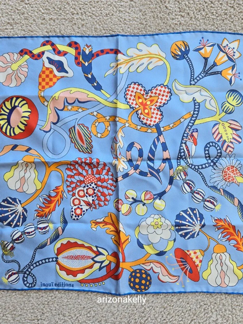 NWOT Inoui Editions Silk Scarf Neckerchief Whimsical Scene Hand Rolled Hems - Picture 6 of 7